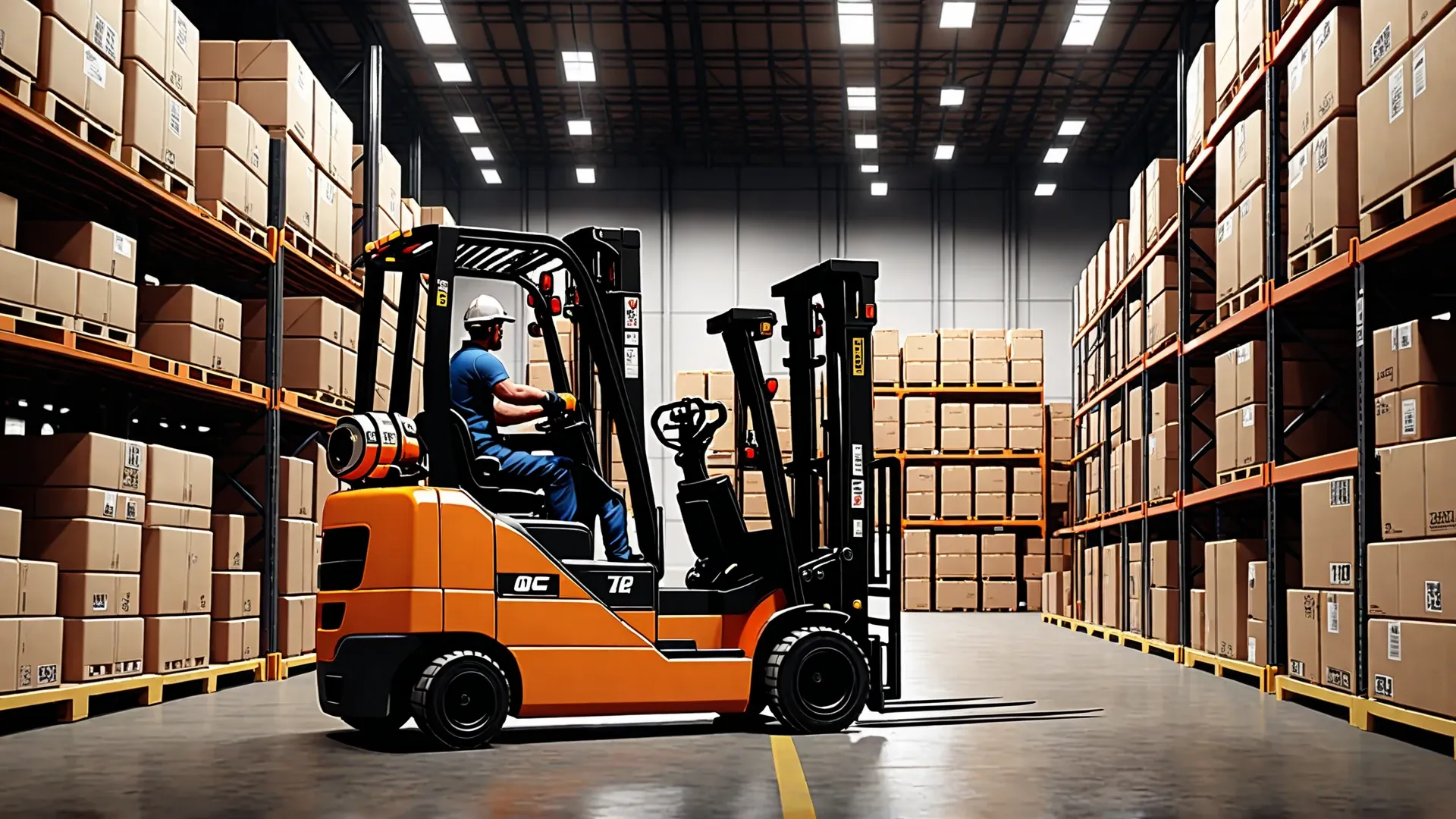 An employee operates a forklift in a warehouse filled with stacked cardboard boxes.