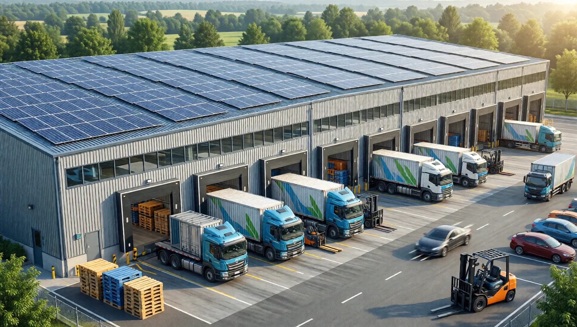Semi-trucks loading at a warehouse