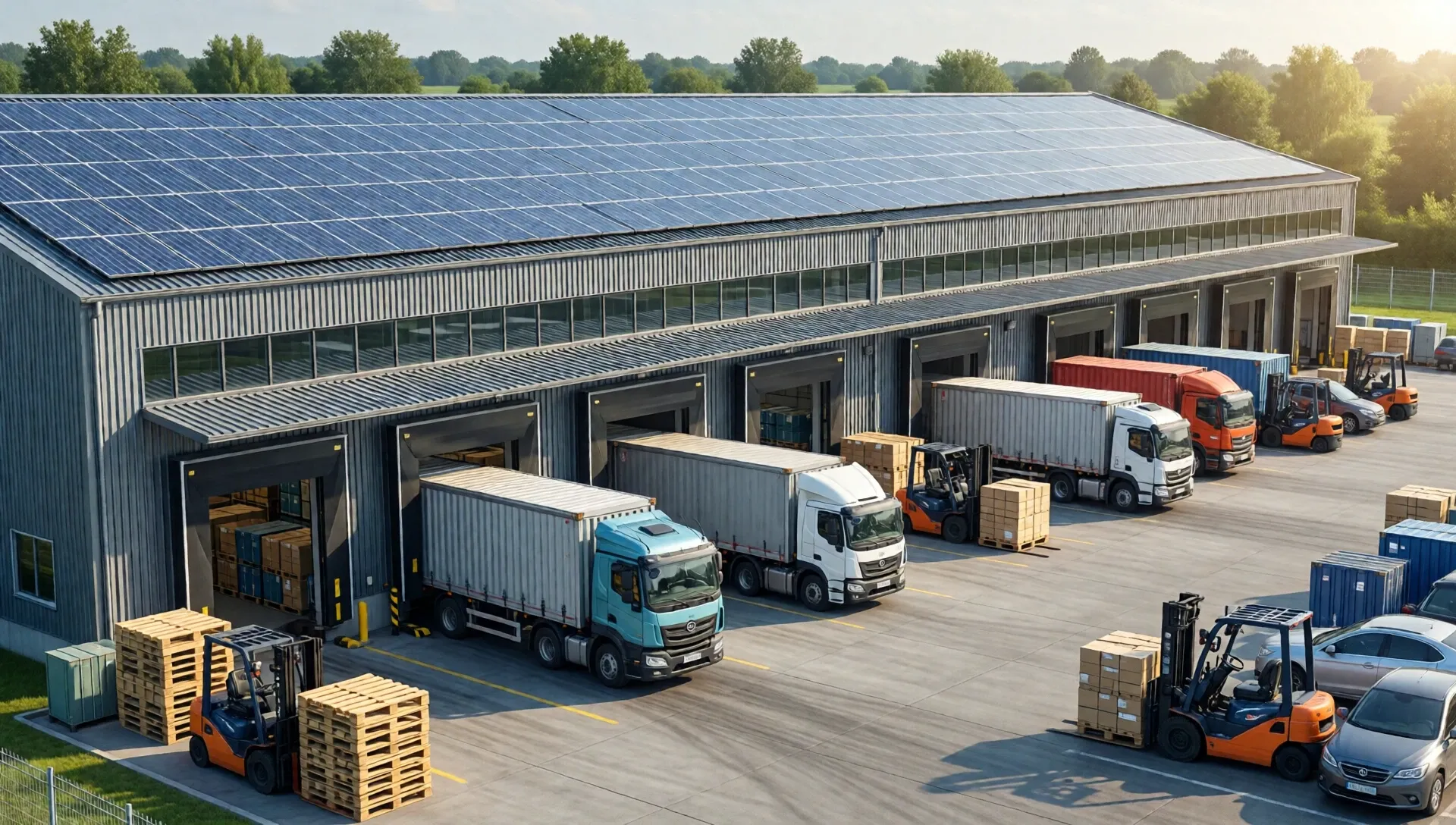 Warehouse with trucks and forklifts
