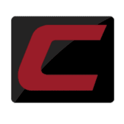 شعار حرف C مُصمم باللون الأحمر على خلفية مربعة سوداء.