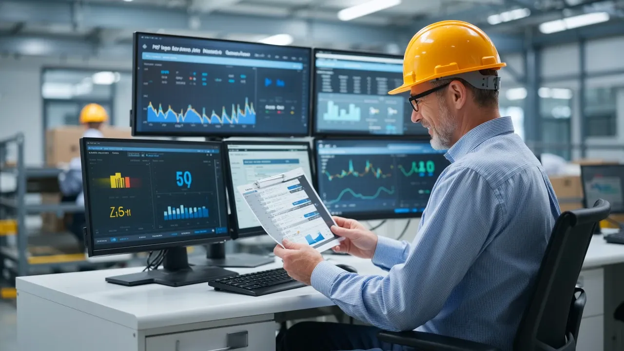 Worker in hard hat reviews logistics data on tablet in control room.