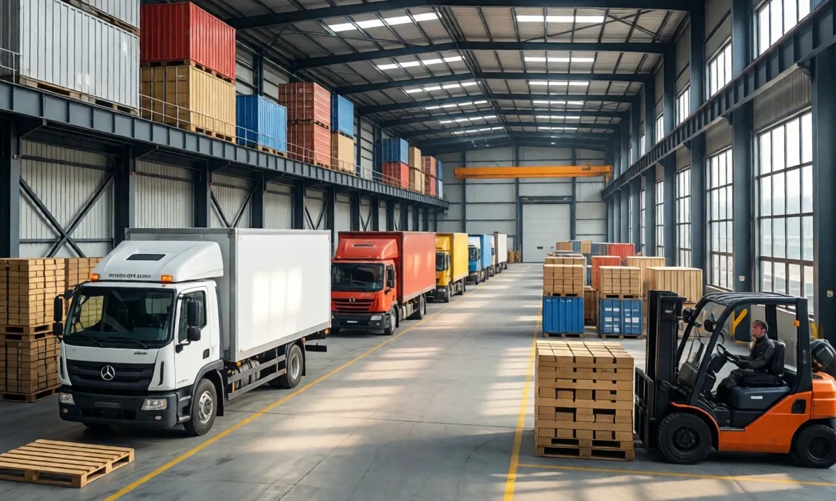 Warehouse with trucks and forklift