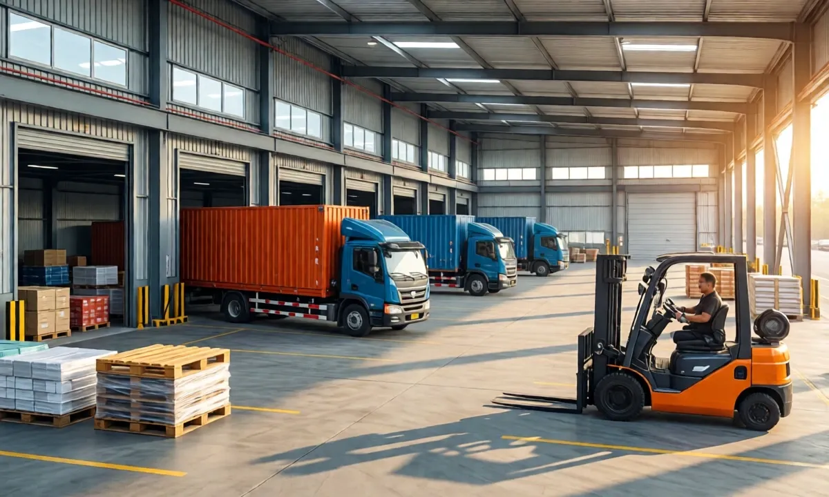 Forklift in a warehouse with trucks and pallets