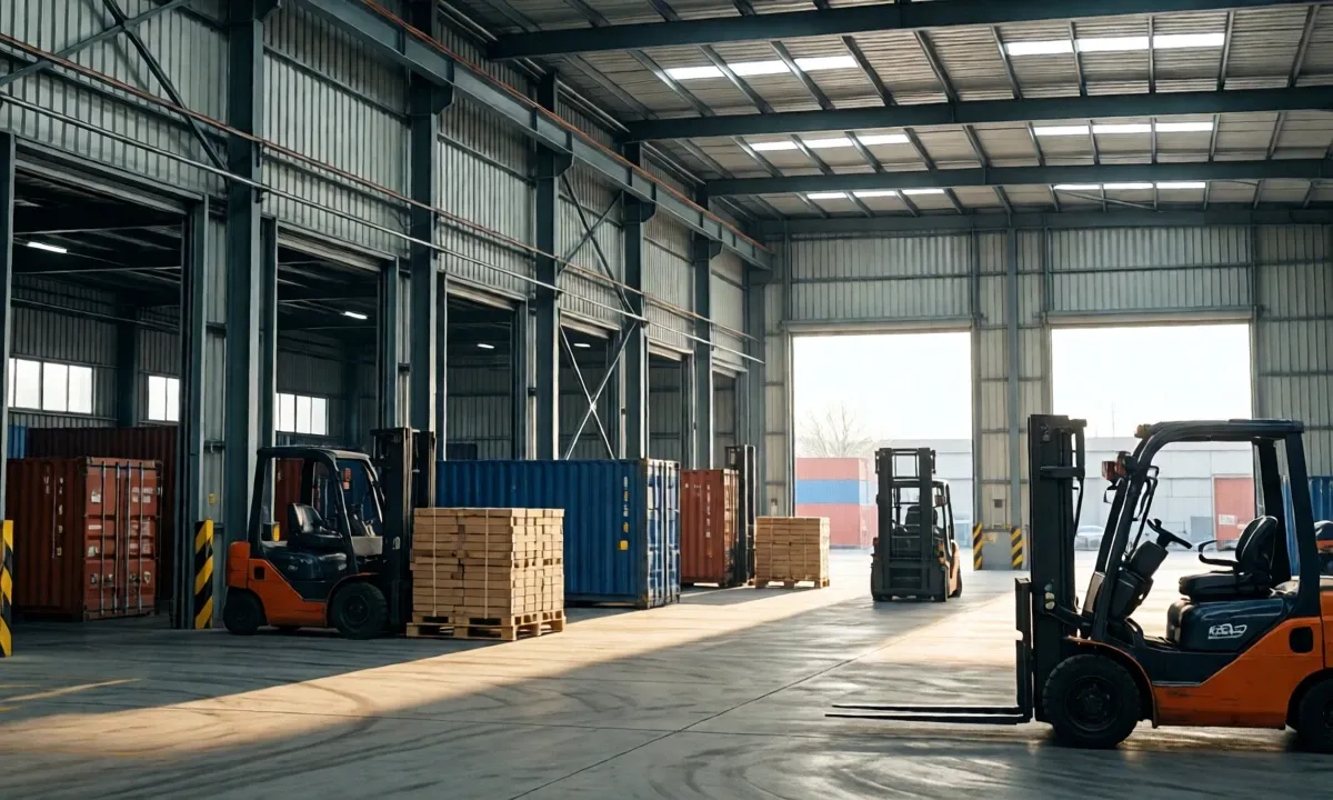 Forklifts in a warehouse with pallets and shipping containers