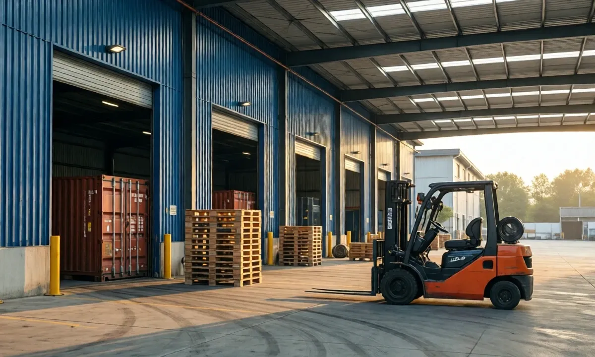 Forklift in a warehouse with shipping containers