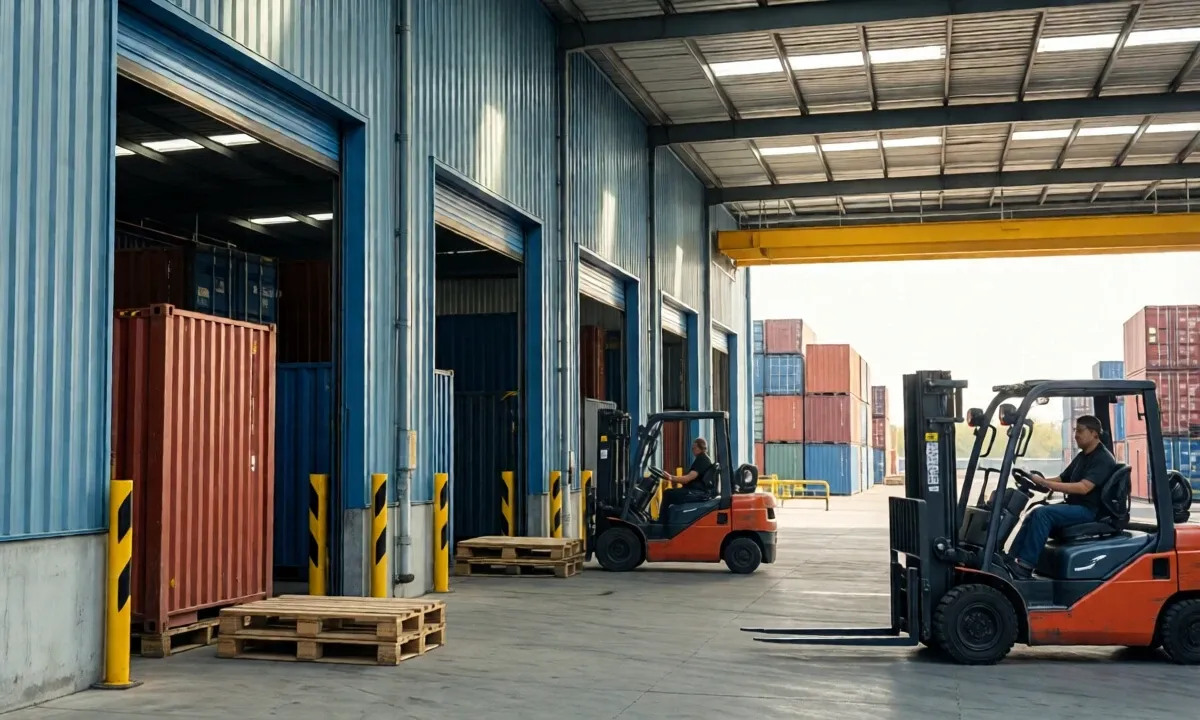 Forklifts in a warehouse with containers
