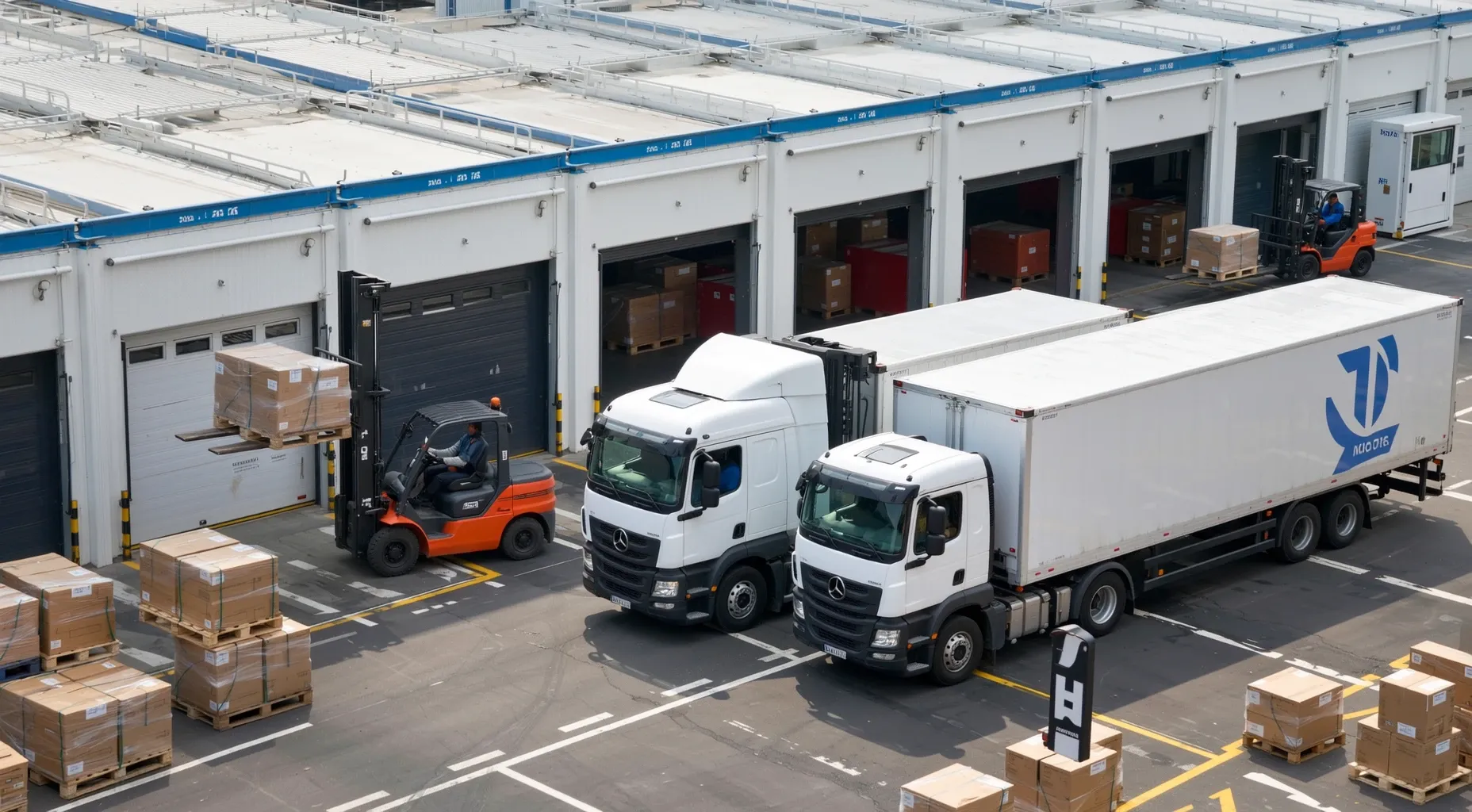 Forklifts and trucks in a warehouse