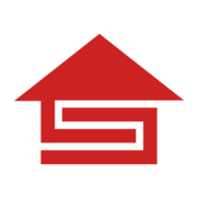 Icône de maison stylisée rouge avec un design moderne et géométrique.