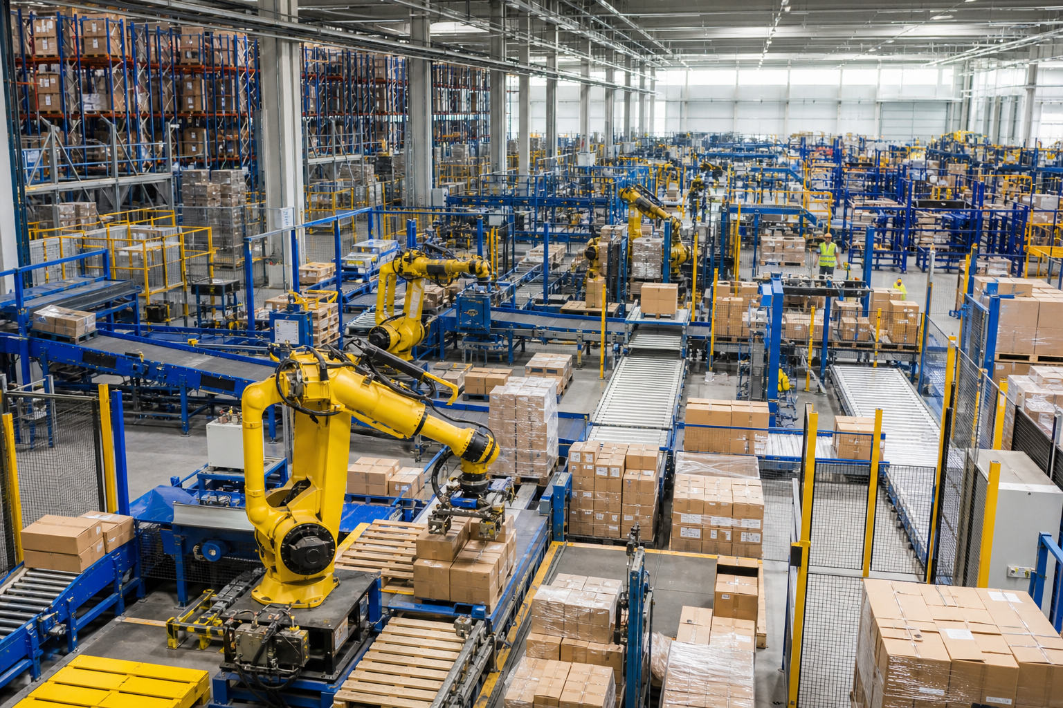 Yellow robotic arm moves boxes on a conveyor belt in a large warehouse.
